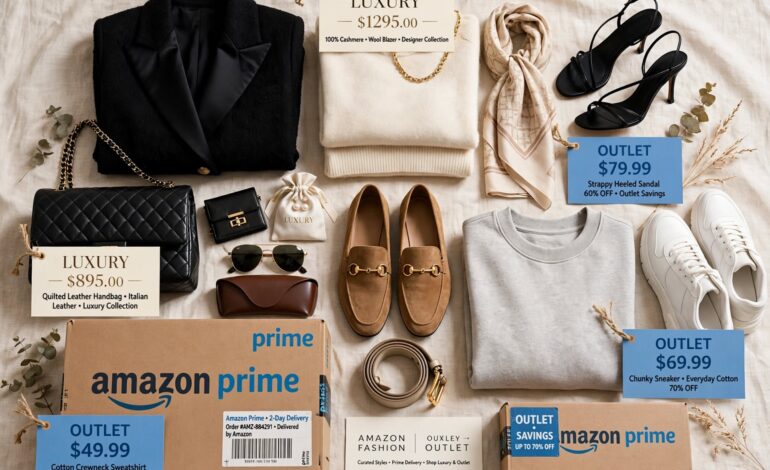 Amazon clothing luxury outlet flat lay with luxury quilted handbag and Amazon Prime outlet boxes