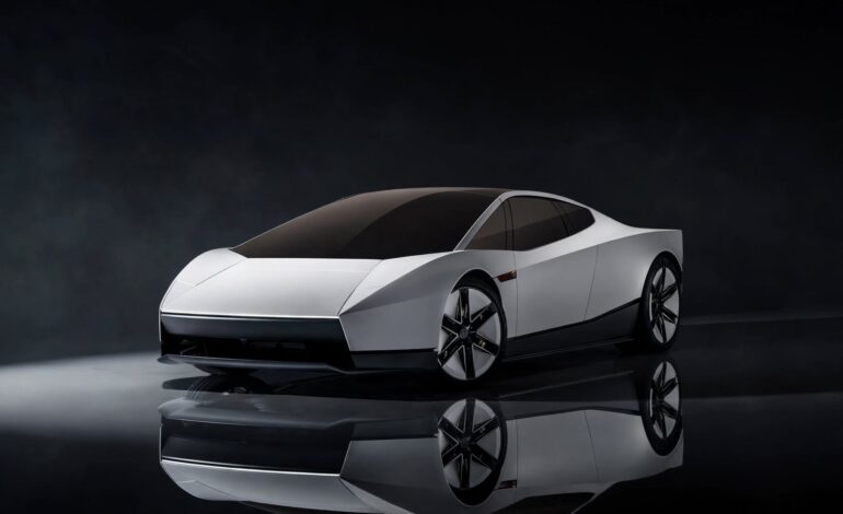 Elon Musk presents Tesla Roadster 2028 front-left view white futuristic supercar