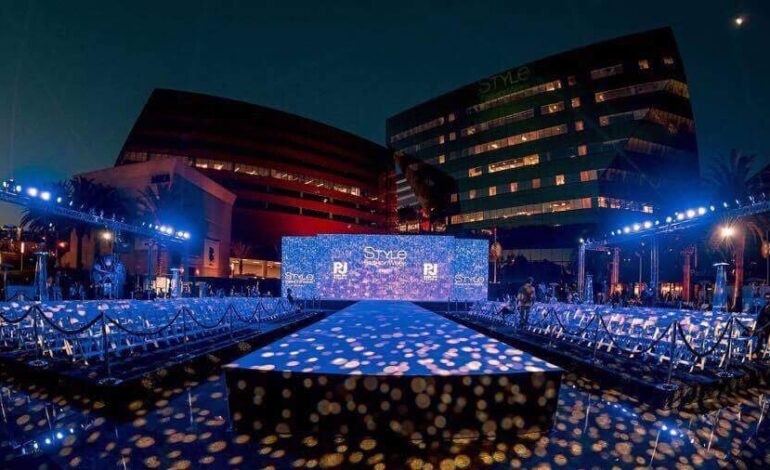 Style Fashion Week night runway at Pacific Design Center 2017 with blue lights - international fashion show season buzz